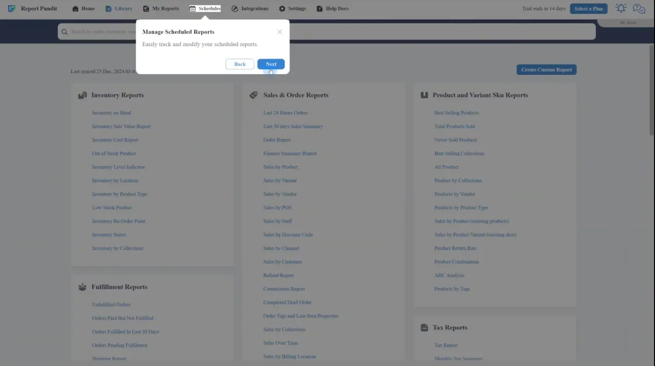 Set and modify report schedule on Report Pundit